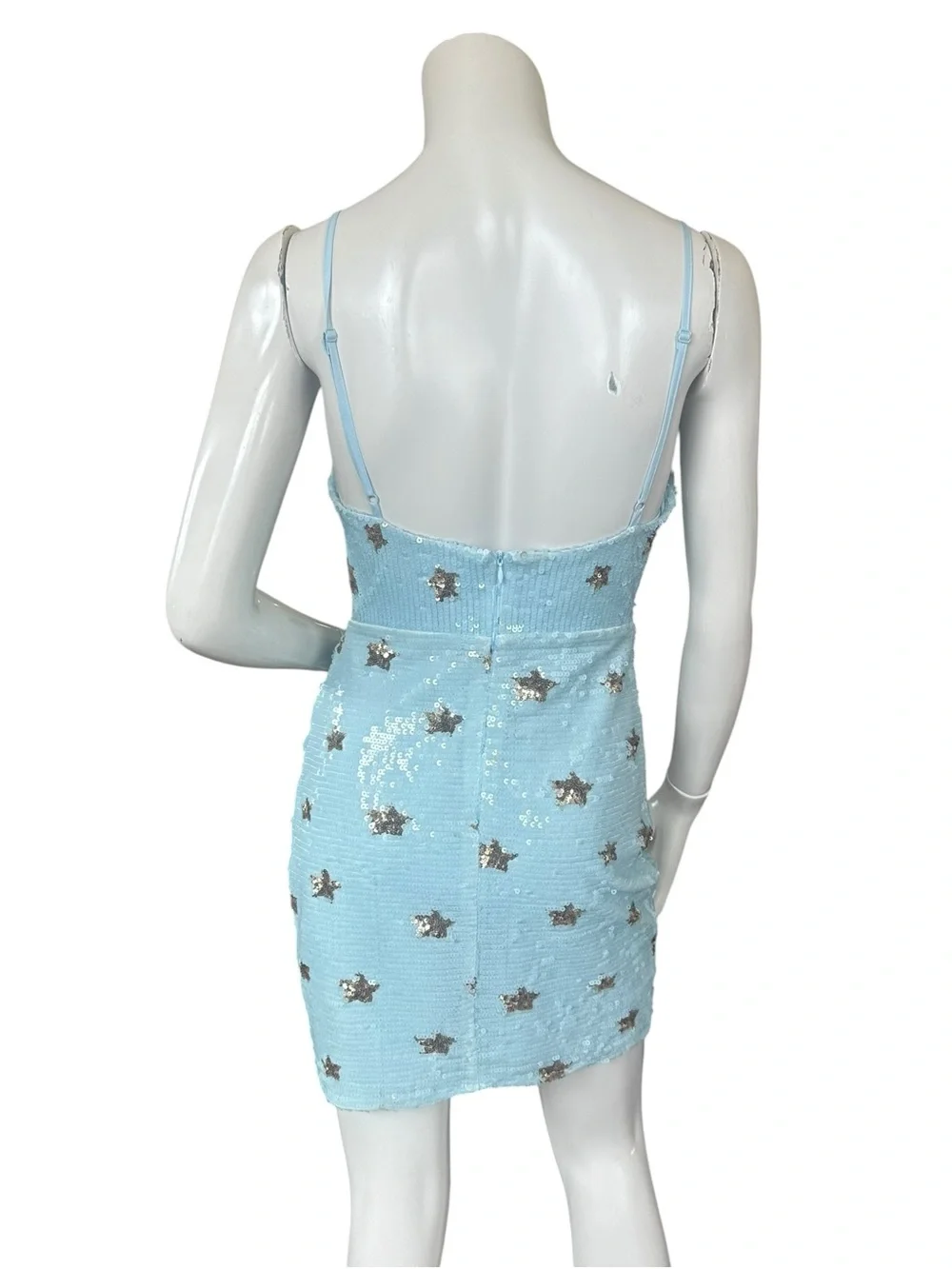 Superdown Dina Sky Blue Gold Star Print Sequin Ruched Front Mini Dress Sz Small